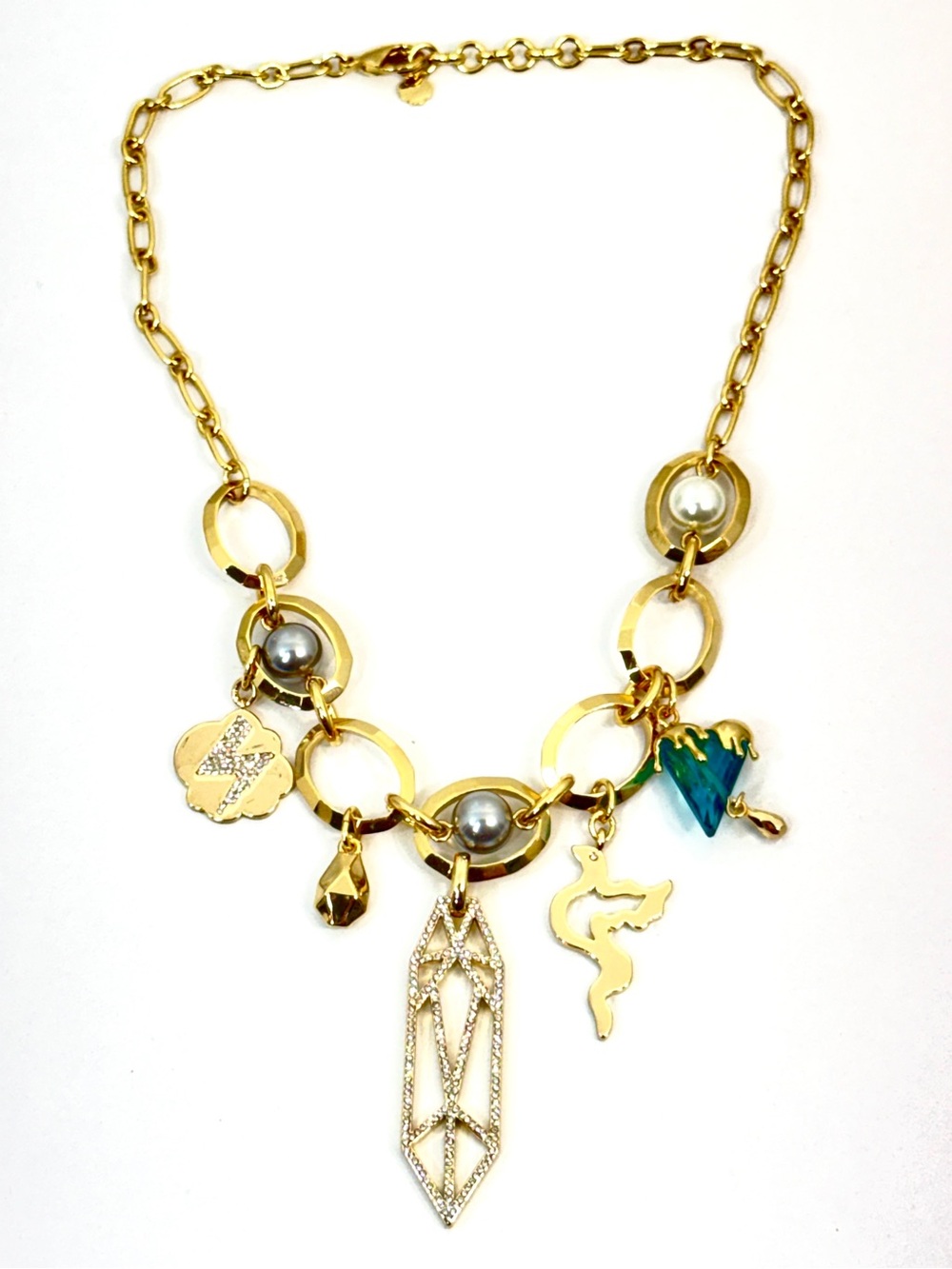Fragments Gold Crystal Pearl Eclectic Charm Bib Necklace 18” NWT